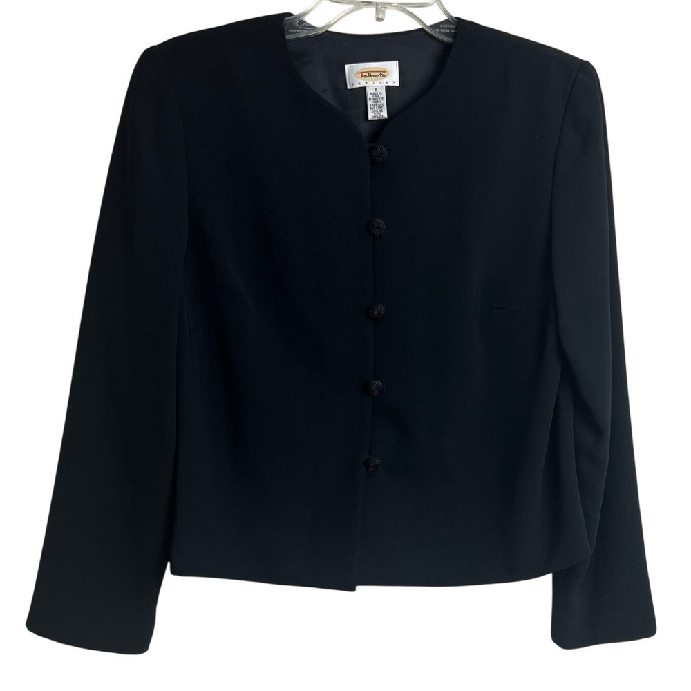 Talbots Blazer Womens 8 Petites Black Button Front Collarless Prof.‎ Career E19